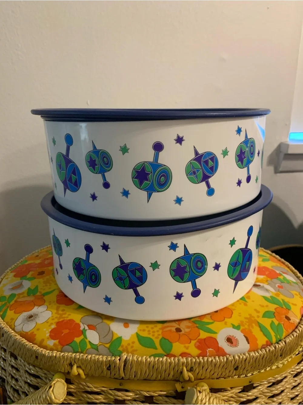 Vintage Set of 2 White Retro Print Storage Tins with Blue Trim Tupperware